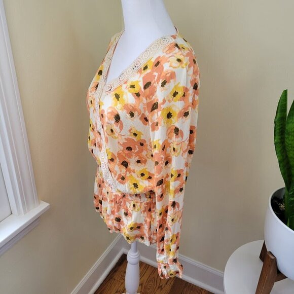 Downeast Blouse Long Sleeve Ivory Orange Yellow Floral Boho Shirt Womens Size L - Picture 3 of 9